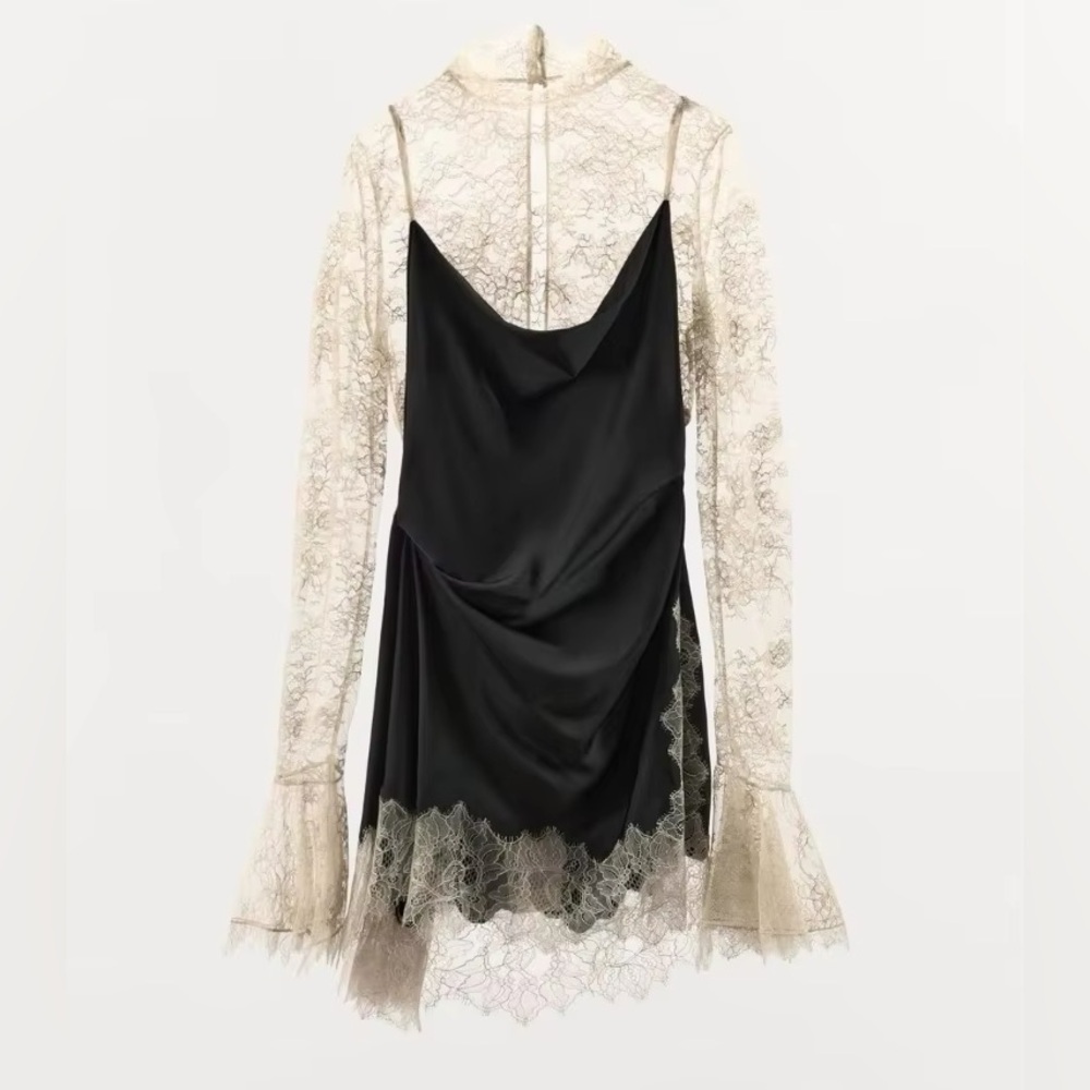 Luxurious Black satin and ivory cream lace contrast mini dress long sleeve - Picture 7 of 8